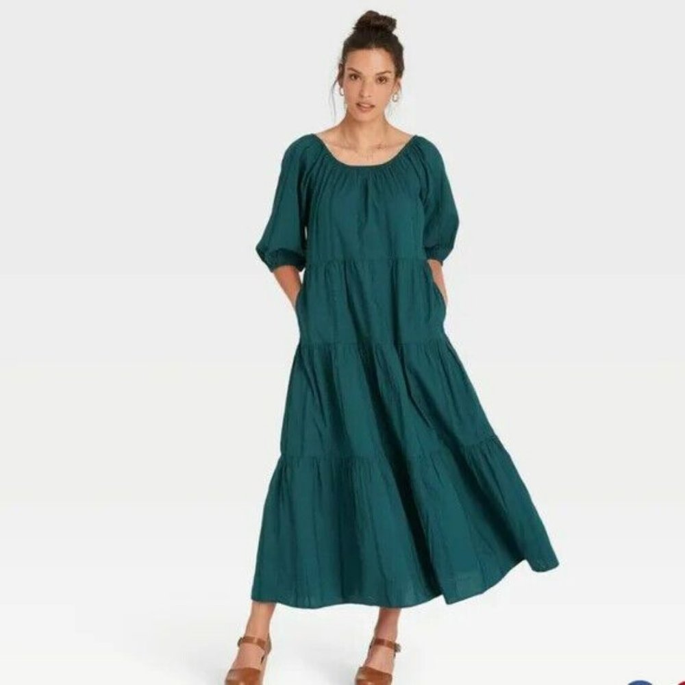 Universal Thread Teal Tiered Puff Sleeve BOHO Maxi Dress Size Large